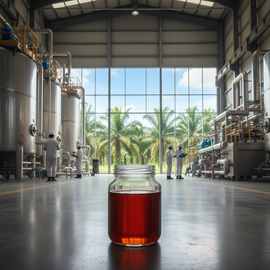 Industrial red palm oil processing facility with stainless steel refinery tanks and palm oil plantation in the background.