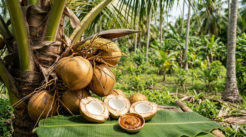Natural harvesting of coconut sap for wholesale coconut sugar production, showing fresh coconuts and granulated sugar.