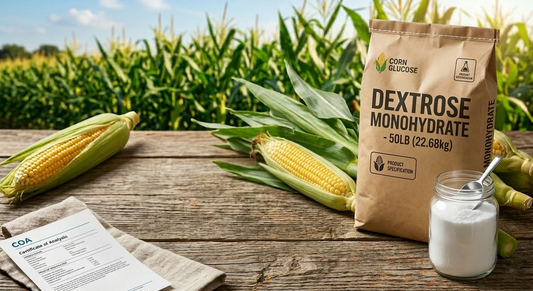Industrial 50lb bag of Dextrose Monohydrate with Certificate of Analysis (COA) and fresh corn stalks, representing refinery-direct wholesale corn sugar sourcing.