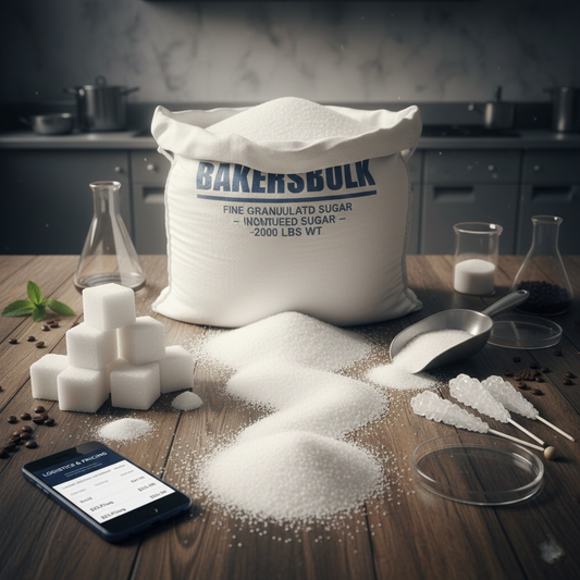 Industrial bulk granulated sugar supply showing bags and refinery-direct samples.