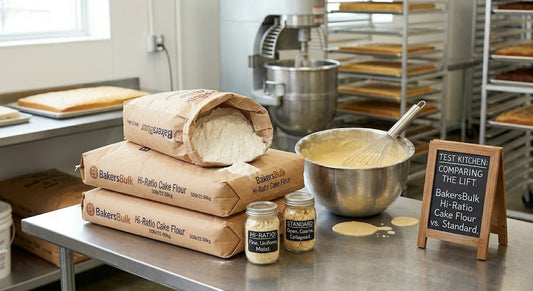 Bulk 50lb bags of BakersBulk Hi-Ratio Cake Flour in a professional kitchen with cake batter and crumb comparison jars.