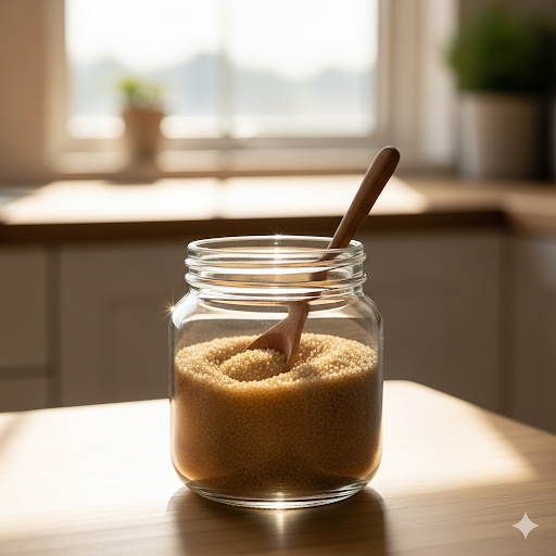 A glass cup filled with bulk organic cane sugar showing its natural blonde color and granulated texture.