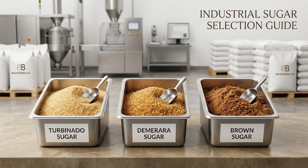 Side-by-side comparison of industrial turbinado, demerara, and brown sugar in a commercial food manufacturing facility for bulk sourcing.