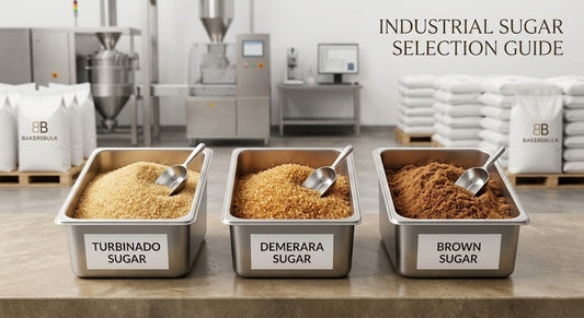Side-by-side comparison of industrial turbinado, demerara, and brown sugar in a commercial food manufacturing facility for bulk sourcing.